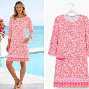 Cabana Life-Napa Cabana Shift Dress Coral White Geometric 3/4 Sleeve Day/Night S